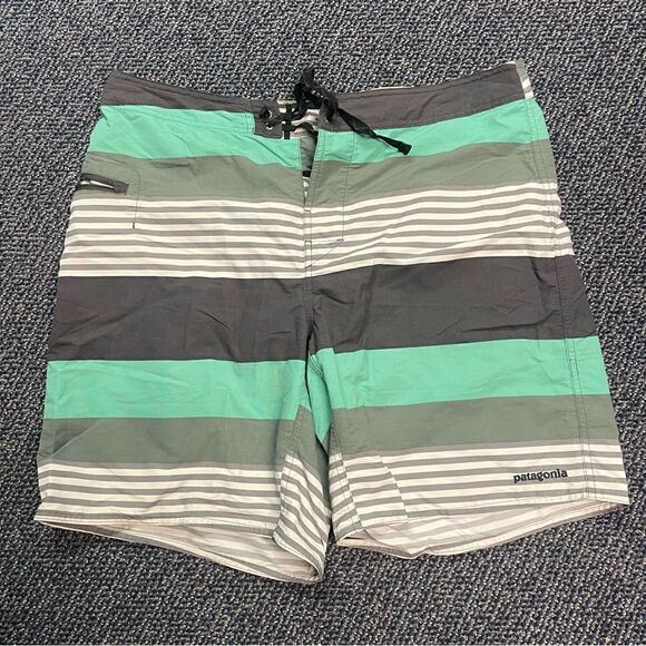 Patagonia Mens Teal, Gray and White Striped Swim Suit Size 36 - Picture 1 of 4